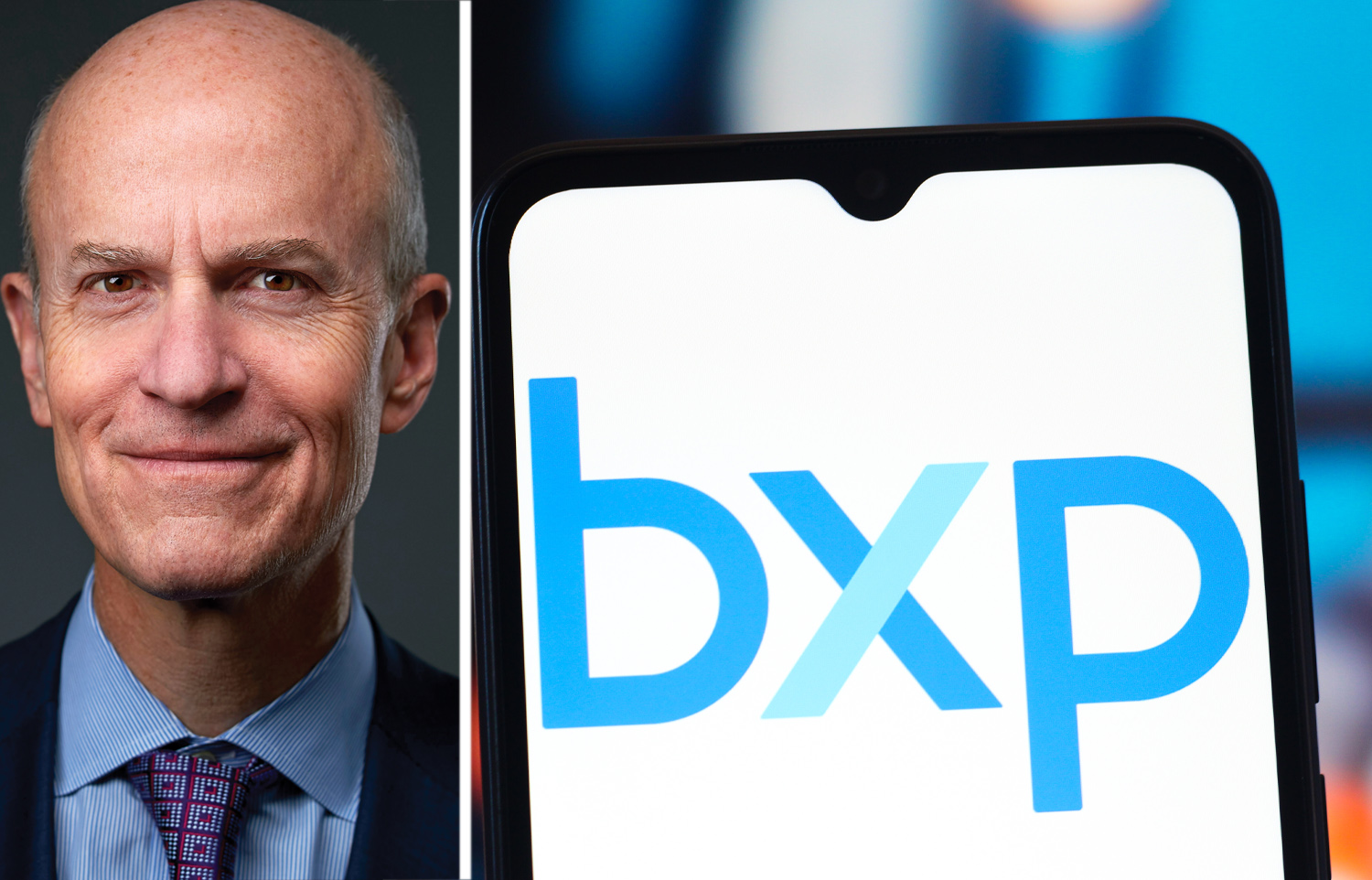 BXP CEO Owen Thomas and the BXP logo displayed on a mobile phone screen.