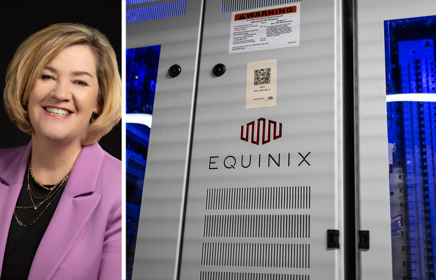 Equinix CEO and President Adaire Fox-Martin and an electrical distribution board at an Equinix data center.