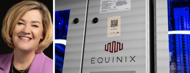 Equinix CEO and President Adaire Fox-Martin and an electrical distribution board at an Equinix data center.