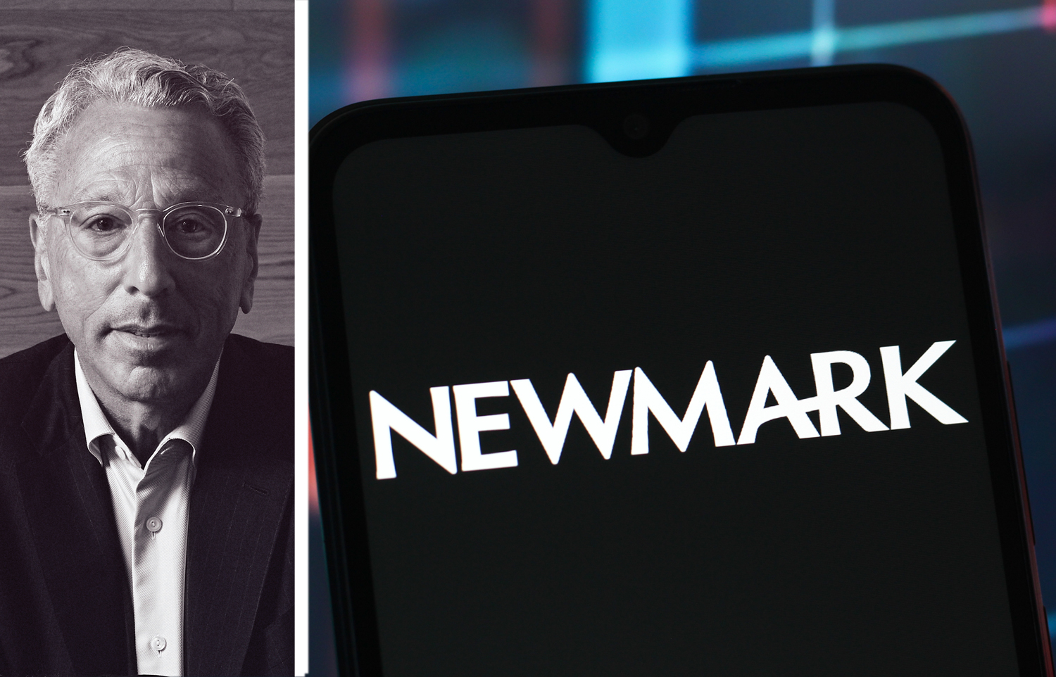Newmark CEO Barry Gosin and the Newmark logo displayed on a phone screen.