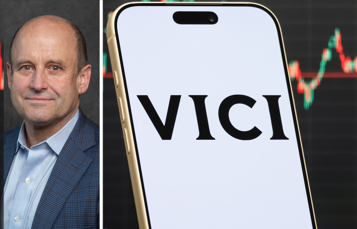 VICI Properties CEO Edward Pitoniak and the VICI logo displayed on a phone screen.