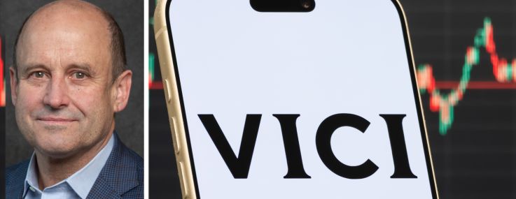 VICI Properties CEO Edward Pitoniak and the VICI logo displayed on a phone screen.