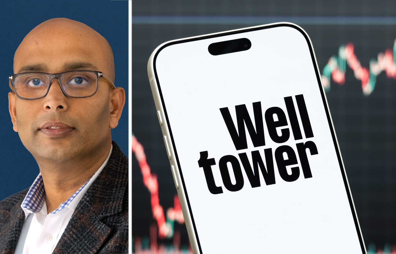 Welltower CEO Shankh Mitra and the Welltower logo on a mobile phone screen.