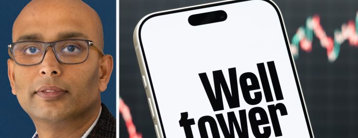 Welltower CEO Shankh Mitra and the Welltower logo on a mobile phone screen.